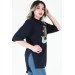 Women's Navy Blue Printed Double Sleeve Oversize T-Shirt