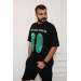 Black Oversize Printed Short Sleeve Crew Neck T-Shirt
