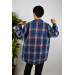 Women's Kangaroo Pocket Navy Blue Plaid Patterned Stitching Cotton Lumberjack Oversize Jacket Shirt