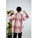 Women's Kangaroo Pocket Pink Checked Patterned Stitching Cotton Lumberjack Oversize Jacket Shirt