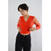 Women's Red V-Neck Knitwear Patterned Tulle Sleeve Blouse