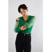 Women's Green V-Neck Knitwear Patterned Tulle Sleeve Blouse