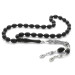 925 Sterling Silver Double Tasseled Barley Cut Black Spinning Amber Rosary