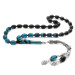 925 Sterling Silver Double Tasseled Barley Cut Filtered Turquoise-Black Fire Amber Rosary