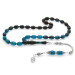 925 Sterling Silver Tasseled Barley Cut Strained Turquoise-Black Fire Amber Rosary