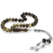 925 Sterling Silver Tasseled Wheel Cut Strained Black-White Fire Amber Rosary