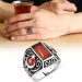 Crescent And Star Embroidered Red Agate Stone 925 Sterling Silver Men's Ring