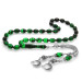 Tarnish Metal Crescent And Star Tasseled Barley Cut Strained Green-Black Fire Amber Rosary