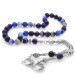 Untarnish Metal Moon And Star Tasseled Sphere Cut Blue-White Agate Natural Stone Rosary