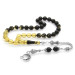 Untarnish Metal Crescent And Star Tasseled Sphere Cut Strained Black-White Fire Amber Rosary