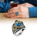 Sword Themed Facet Cut Aqua Blue Zircon Stone 925 Sterling Silver Men's Ring
