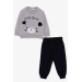 Baby Boy Tracksuit Set With Teddy Bear Embroidery Gray (9 Months-3 Years)