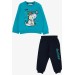 Turquoise Baby Dinosaur Embroidered Sports Pajama Set For Boys (1-1.5 Years)
