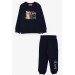 Baby Boy Tracksuit Set Confused Puppy Printed Navy Blue (9 Months-3 Years)