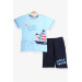 Baby Boy Shorts Suit Sailor Cat Printed Light Blue (1-2 Years)