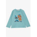 Baby Boy Long Sleeve T-Shirt Teddy Bear Printed Text Embroidered Turquoise (9 Months-3 Years)