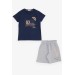 Boys Shorts Set Text Printed Pockets Lace Accessory Navy Blue (8-14 Years)