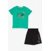 Boys Shorts Set Text Printed Pockets Lace Accessory Green (8-14 Years)
