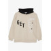 Boy's Sweatshirt Hooded Text Printed Beige (Ages 8-14)