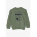 Boy's Sweatshirt With Text Printed Coat Of Arms Khaki Green (Ages 8-14)