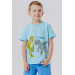 تي شيرت للأولاد مزين برسمة ديناصور لون ازرق فاتح (5-10 سنوات)