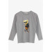 Boy Long Sleeve T-Shirt Skateboarder Bear Printed Gray Melange (6-12 Years)