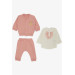 Baby Girl 3-Piece Set, Teddy Bear Printed, Laced, Snap Fastener, Dusty Rose (0-9 Months)