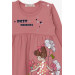 فستان بناتي بكم طويل مزين برسمة بنت وزهور لون وردي(2-6 سنوات)