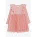 Baby Girl Long Sleeve Dress With Frill Shoulder Tulle Salmon Melange (9 Months-3 Years)