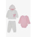 Baby Girl Bodysuit 3-Piece Velvet Set, Cute Bunny Embroidered Ecru (0-9 Months)