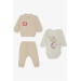 Baby Girl Bodysuit 3 Piece Set Elephant Printed Embroidered Snap Fastener Cream (0-9 Months)