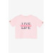 Girl's Crop T-Shirt Sleeves Button Accessory Text Printed Pink (9-16 Years)