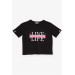 Girl's Crop T-Shirt Sleeves Button Accessory Text Printed Black (9-16 Years)