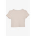 Girl's Crop T-Shirt Off-Shoulder Detailed Ribbed Beige (9-14 Years)