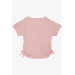 Girl's Crop T-Shirt Stony Text Printed Side Pleated Bow Pink (8-14 Years)