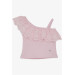 Girl's Crop T-Shirt One-Shoulder Guipure Detailed Pink (2-6 Years)