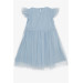 فستان بناتي لامع مزين بالتول ومكشكش لون ازرق (3-7 سنوات)