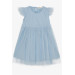 فستان بناتي لامع مزين بالتول ومكشكش لون ازرق (3-7 سنوات)