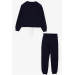 Girl's Tracksuit Set Lace-Up Text Printed Navy (8-14 Age)