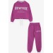 Girl's Tracksuit Set Lace-Up Text Printed Purple (8-14 Years)