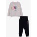 Girls Beige Sequined Text Sports Set (4-7 Years)