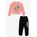 Girl's Tracksuit Set Silvery Colored Text Printed Salmon (5-9 Years)