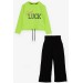 Girl's Tracksuit Set Glittery Letter Printed Neon Green (8-14 Years)