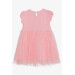 Girl's Short Sleeve Dress Patterned Bow Tulle Pink (3-8 Years)