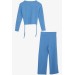 Girl's Pants Suit With Lace-Up Sides Blue (8-14 Years)