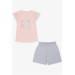 Girl's Shorts Set Sleeves Embroidery Guipure Colored Text Printed Salmon (4-9 Years)