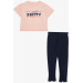 Girl's Tights Crop Set Text Printed Slit Salmon (5-10 Years)