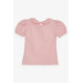 Girl's T-Shirt Wide Collar Embroidered Crest Pink (5-10 Years)