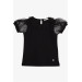 Girl's T-Shirt Sleeves Collar Tulle Black (7-12 Ages)
