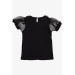 Girl's T-Shirt Sleeves Collar Tulle Black (7-12 Ages)